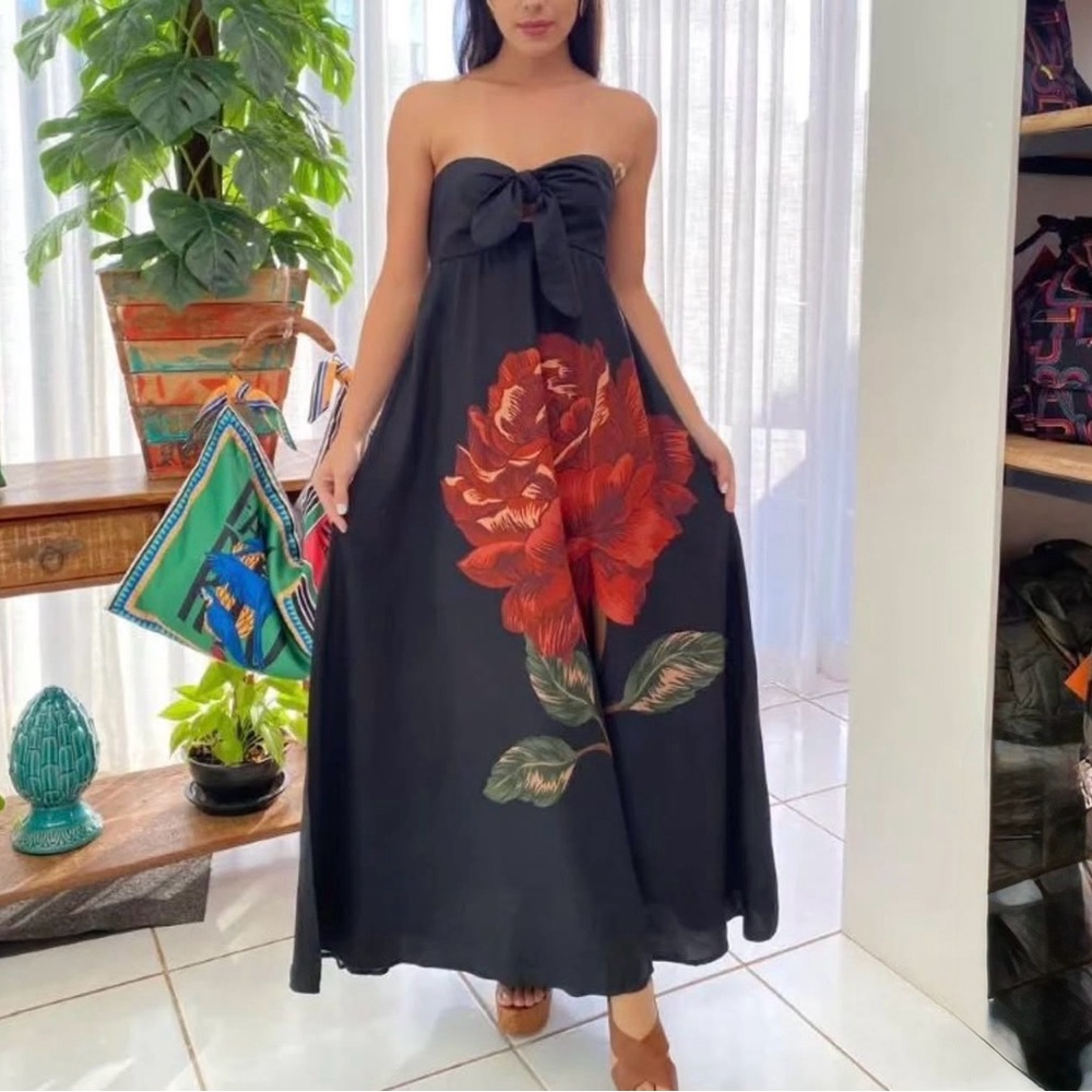 SOLD - FARM Rio Black Strapless Dress with Red Floral Design Size M - Picture 2 of 10
